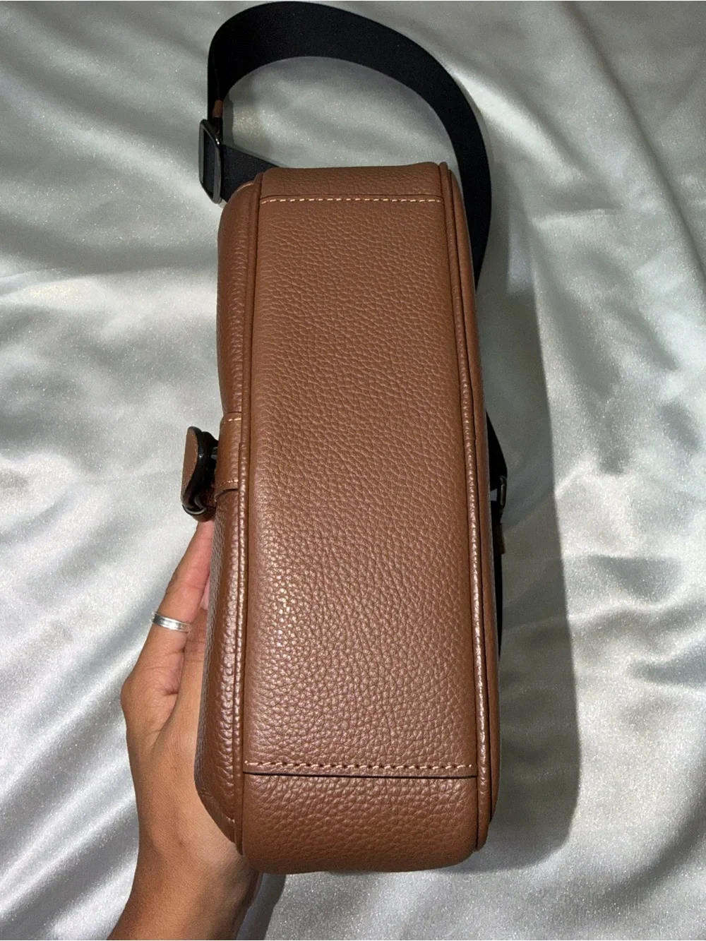 Coach Brown Pebbled Leather Messenger Crossbody with Black Strap